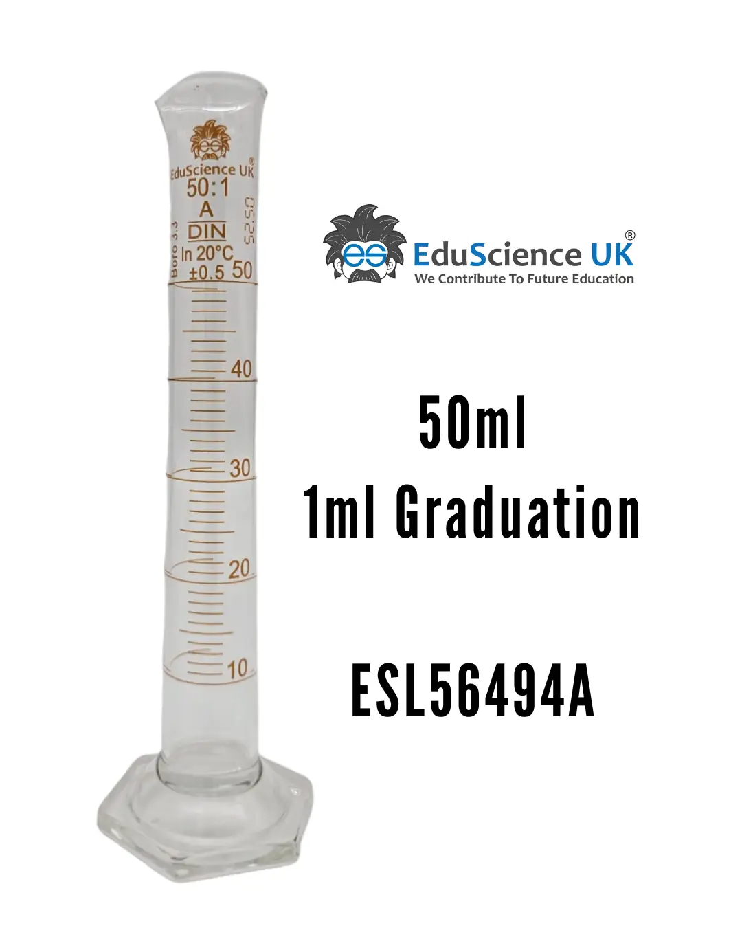 MEASURING CYLINDER, GLASS HEX BASE, CLASS A,50ML