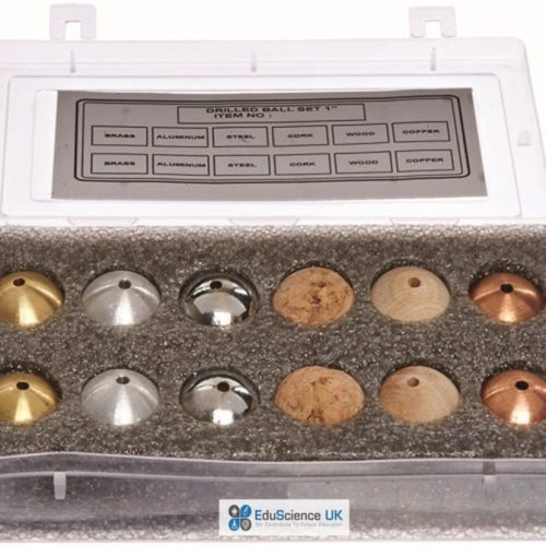 PENDULUM BALL DRILLED BALL SET, ST/12 TOW EACH OF STEEL, BRASS, AlUMINIUM, LEAD,COPPER,WOOD.