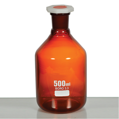 BOTTLE REAGENT AMBER , NARROW MOUTH, WITH PP STOPPER, CAPACITY 500 ML