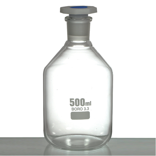 BOTTLE REAGENT, CLEAR GLASS , NARROW MOUTH, WITH PP STOPPER, CAPACITY 500 ML, N/S 24/29 ?